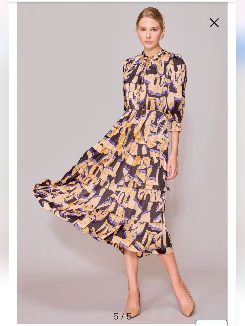 Melloday Abstract Print Tiered Midi Dress in Beige and Purple - Picture 5 of 13